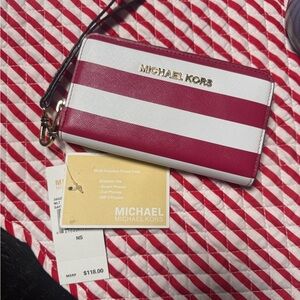 Michael Kors pink and White Striped Wristlet